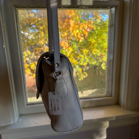 Genuine Leather Tassel Crossbody Bag | Taupe Gray Minimalist Satchel - Picture 6 of 7